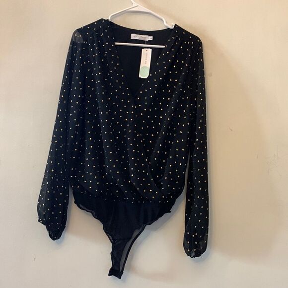 All in Favor Cline black & gold surplice bodysuit Size L NWT - Picture 1 of 7